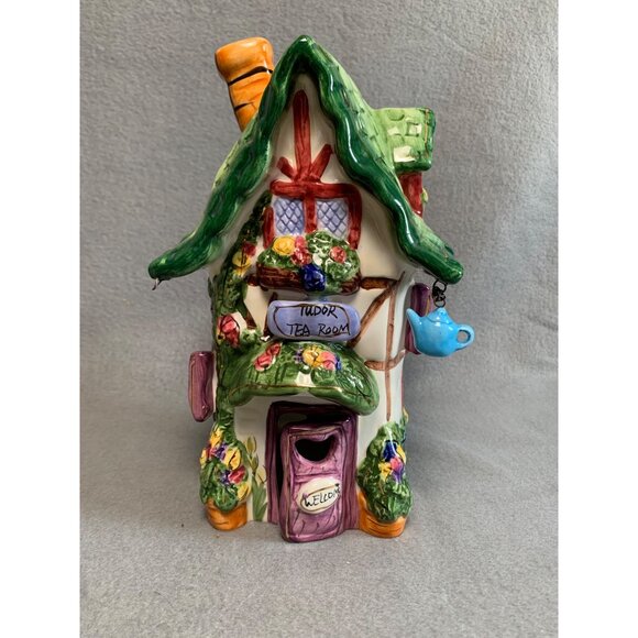 Cobblestone Village Tudor Tea Room Candle Holder Ceramic House with Green Roof - Picture 10 of 15